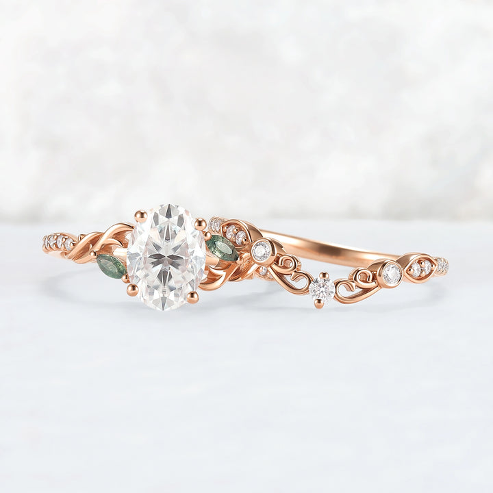Unique Oval Shaped Moissanite Twist Engagement Ring Set 2pcs