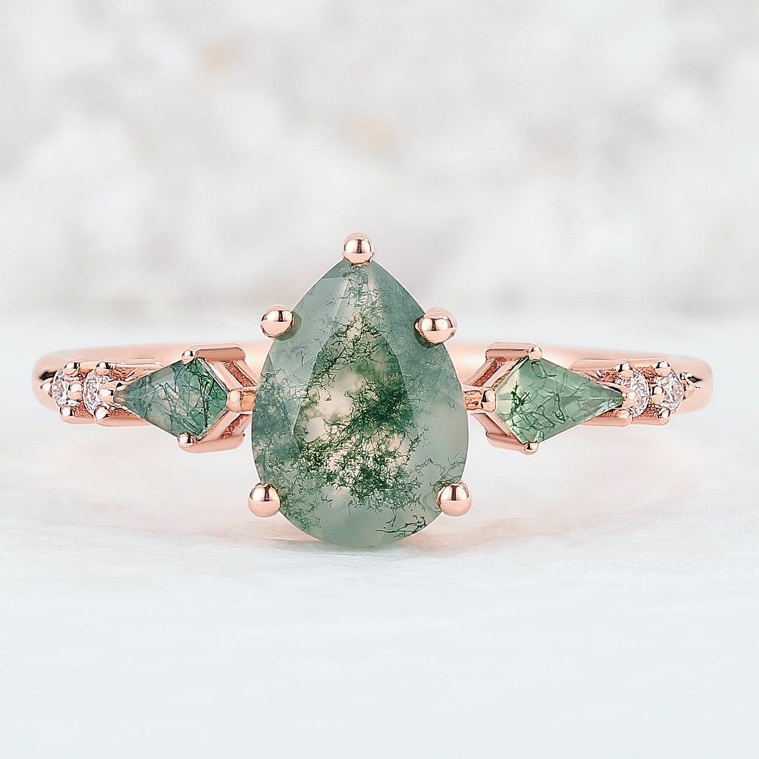 Unique Pear Cut Moss Agate Seven Stones Engagement Ring