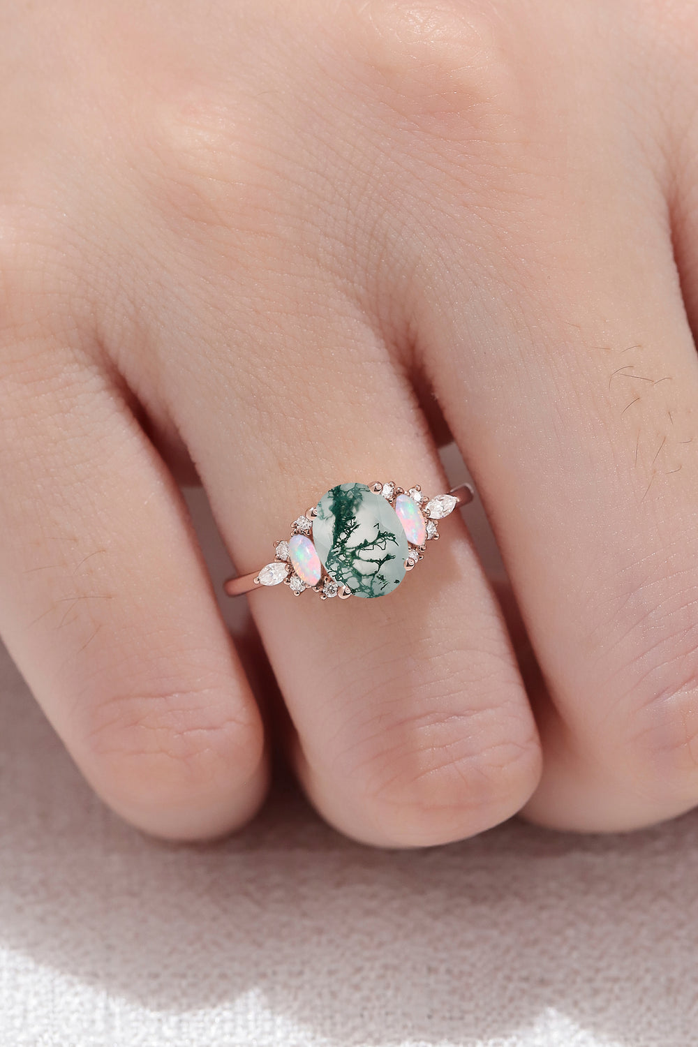 Unique Oval Shaped Moss Agate Cluster Engagement Ring2