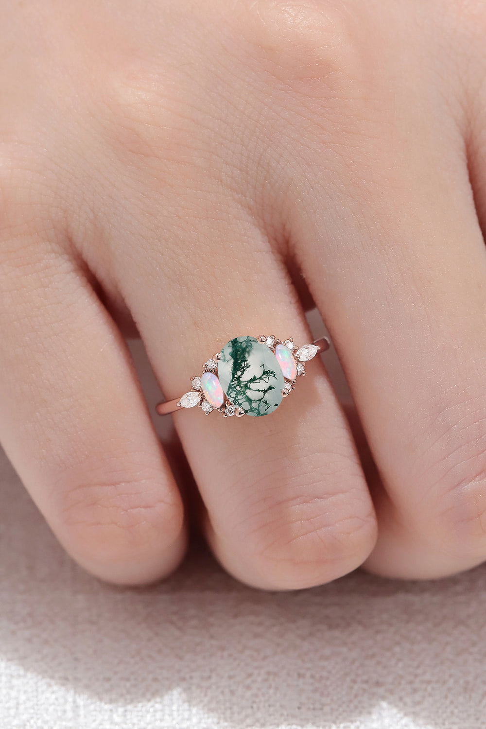 Unique Oval Shaped Moss Agate Cluster Gemstone Ring