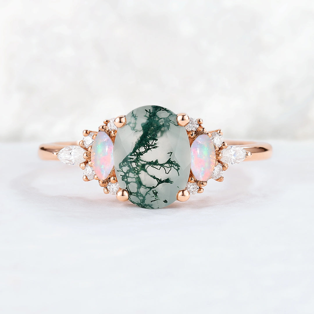 Unique Oval Shaped Moss Agate Cluster Gemstone Ring