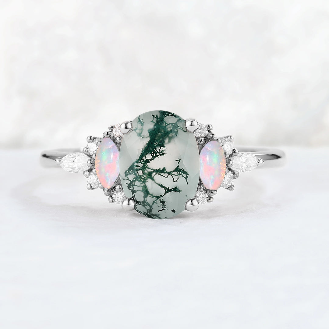 Unique Oval Shaped Moss Agate Cluster Gemstone Ring