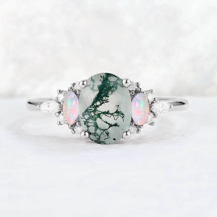 Unique Oval Shaped Moss Agate Cluster Gemstone Ring
