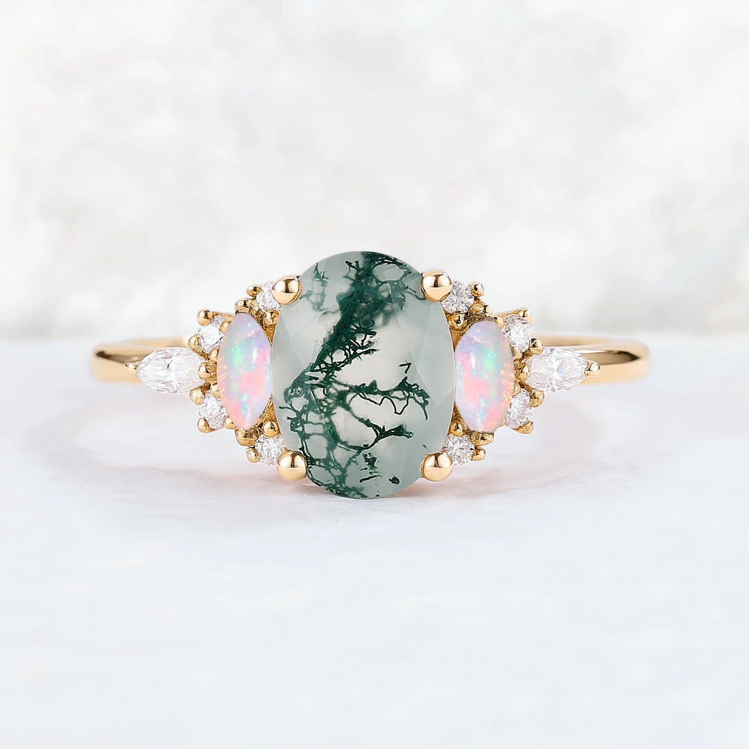 Unique Oval Shaped Moss Agate Cluster Gemstone Ring