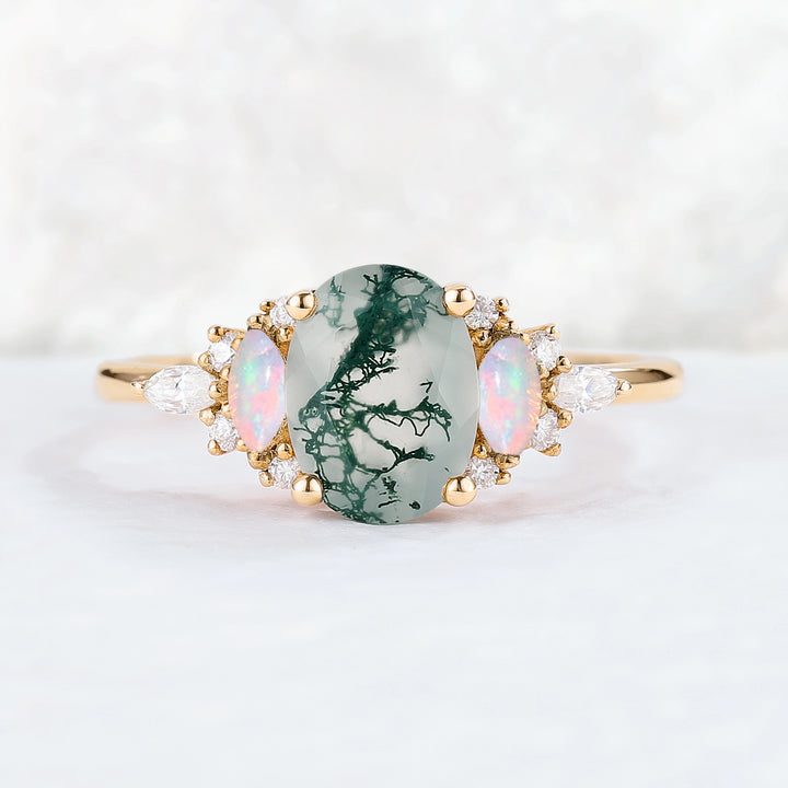 Unique Oval Shaped Moss Agate Cluster Gemstone Ring