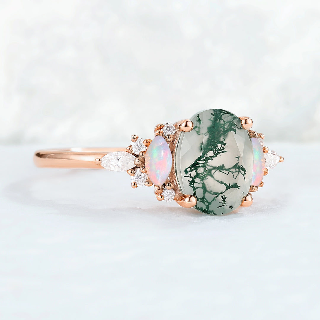 Unique Oval Shaped Moss Agate Cluster Gemstone Ring