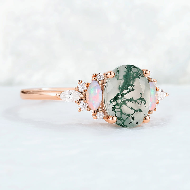 Unique Oval Shaped Moss Agate Cluster Gemstone Ring