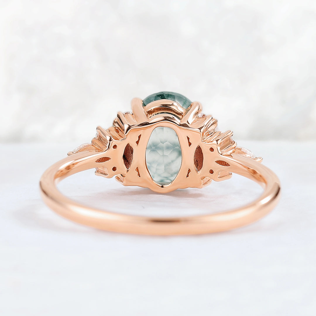 Unique Oval Shaped Moss Agate Cluster Gemstone Ring