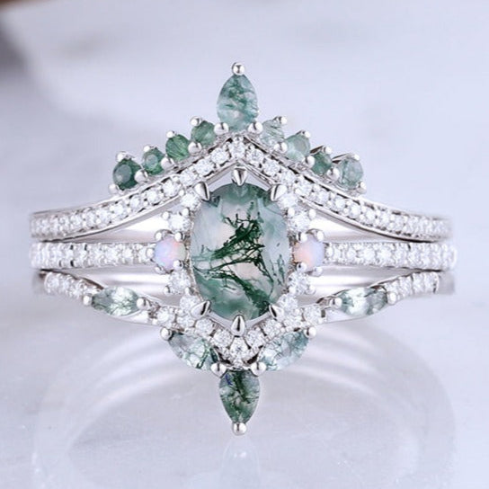 Unique Oval Shaped Moss Agate Half Enternity Engagement Ring Set 3pcs