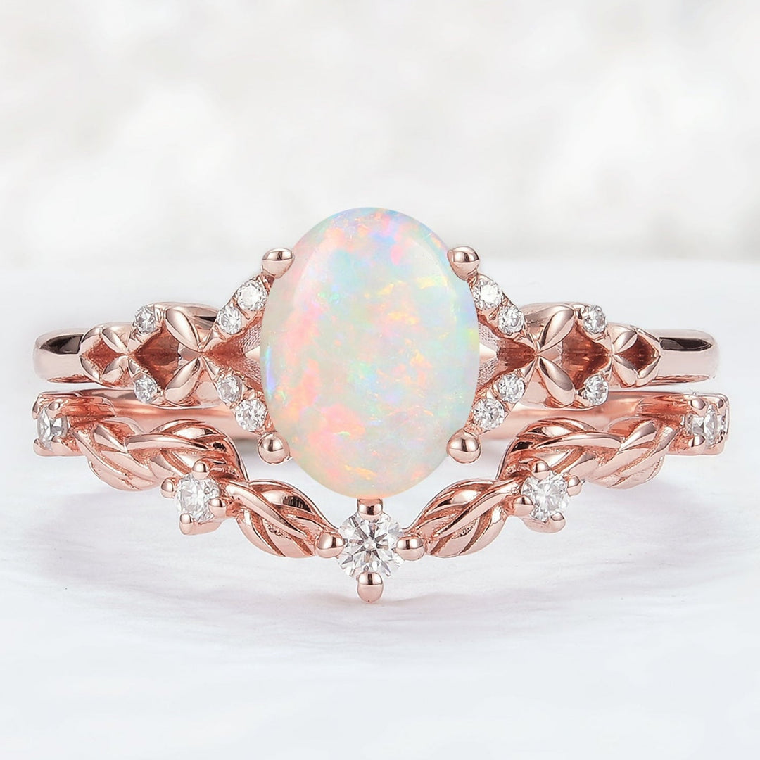 Unique Oval Shaped Opal Leaf engagement ring set 2pcs