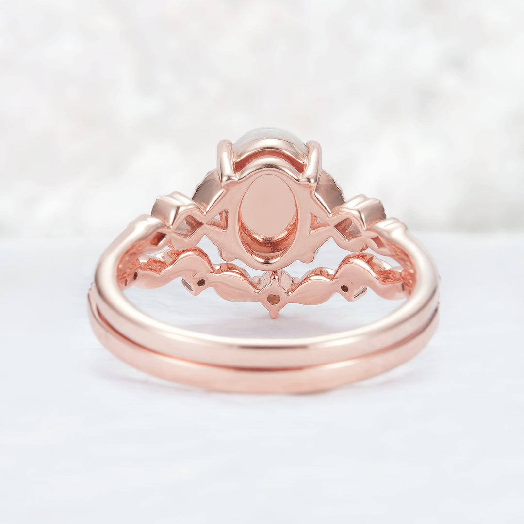 Unique Natural Australian Opal Opal Leaf Engagement Ring Set 2pcs - Iver Jewelry