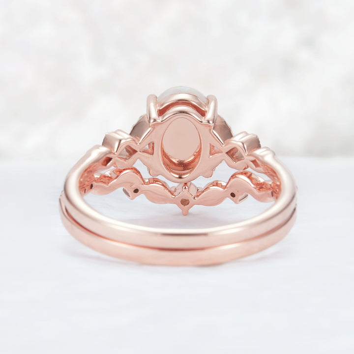 Unique Natural Australian Opal Opal Leaf Engagement Ring Set 2pcs - Iver Jewelry