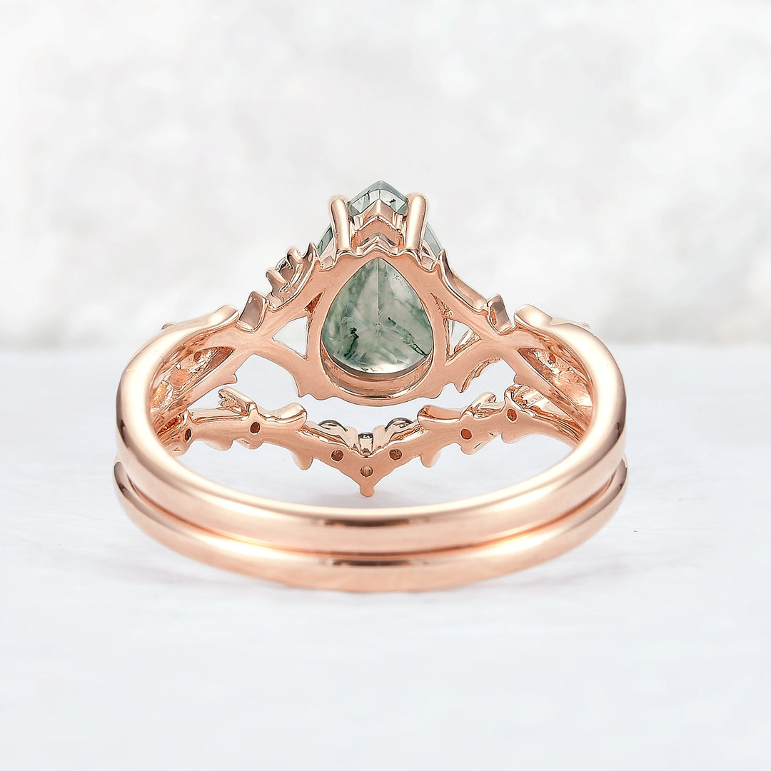 Unique Pear Cut Moss Agate Moissanite Vine Ring Set 2pcs