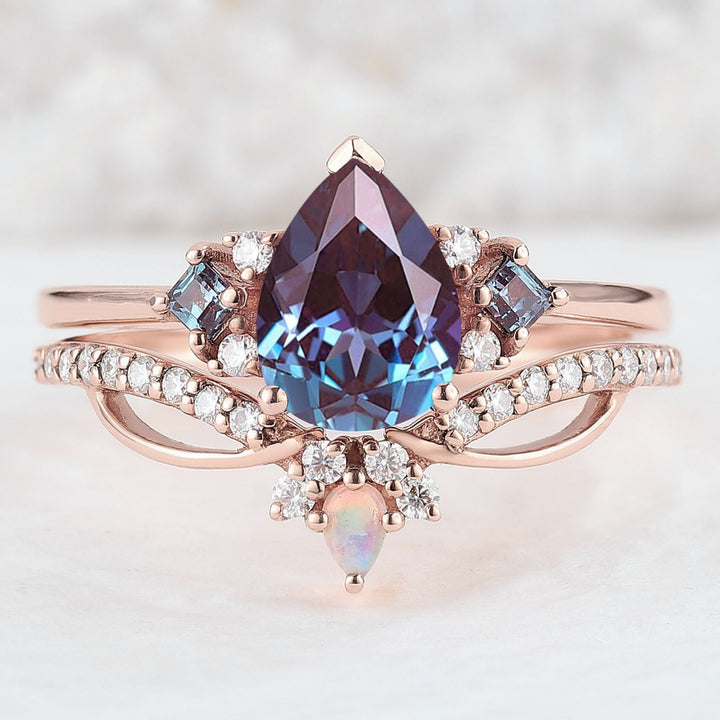 Unique Pear Cut Alexandrite Cluster Engagement Ring Set 2pcs