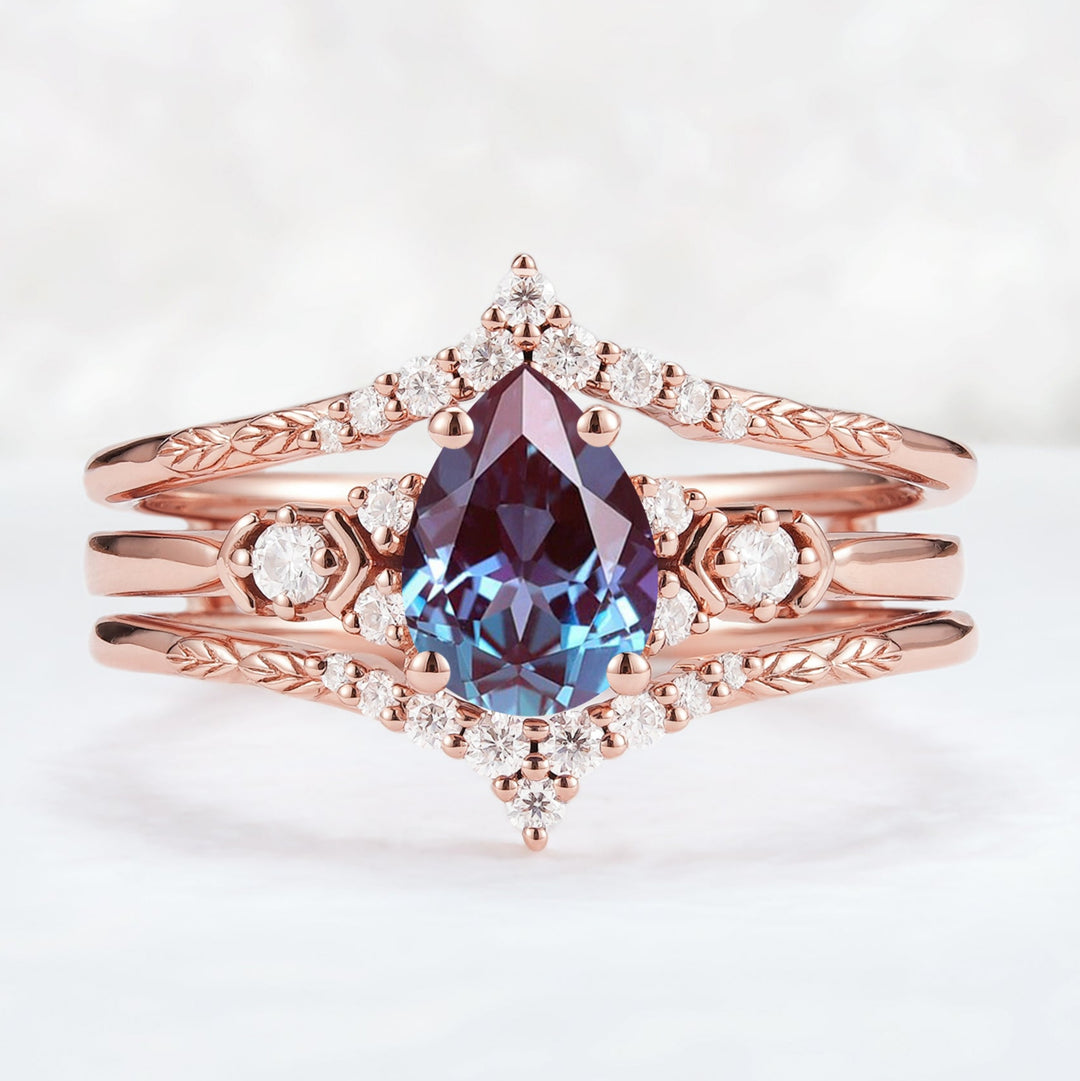 Unique Pear Cut Alexandrite Cluster Enhancer Engagement Ring Set 2pcs
