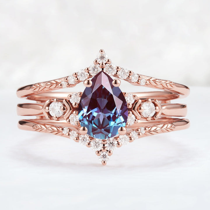 Unique Pear Cut Alexandrite Cluster Enhancer Engagement Ring Set 2pcs