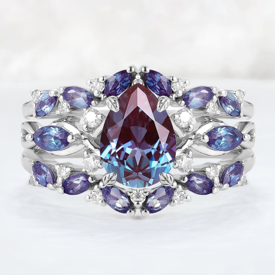 Unique Pear Cut Alexandrite Cluster Enhancer Engagement Ring Set 2pcs
