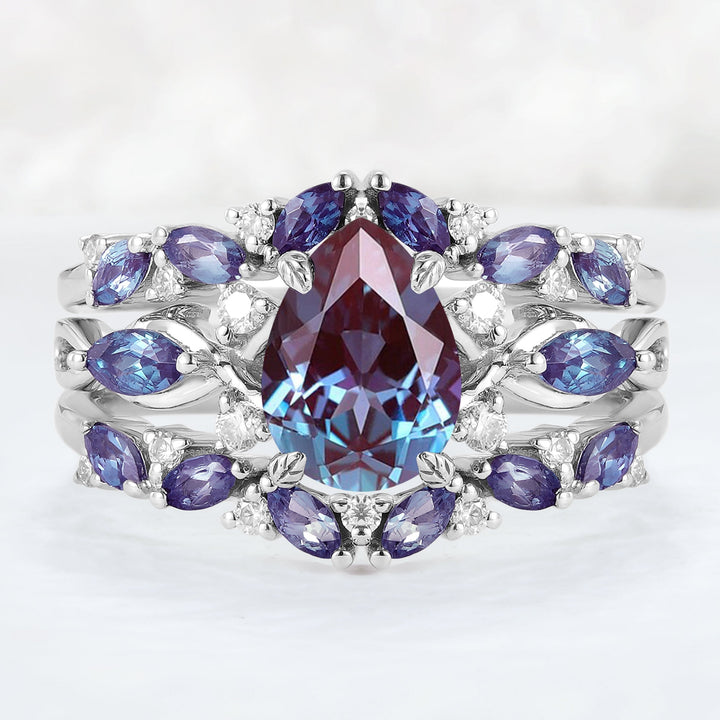 Unique Pear Cut Alexandrite Cluster Enhancer Engagement Ring Set 2pcs