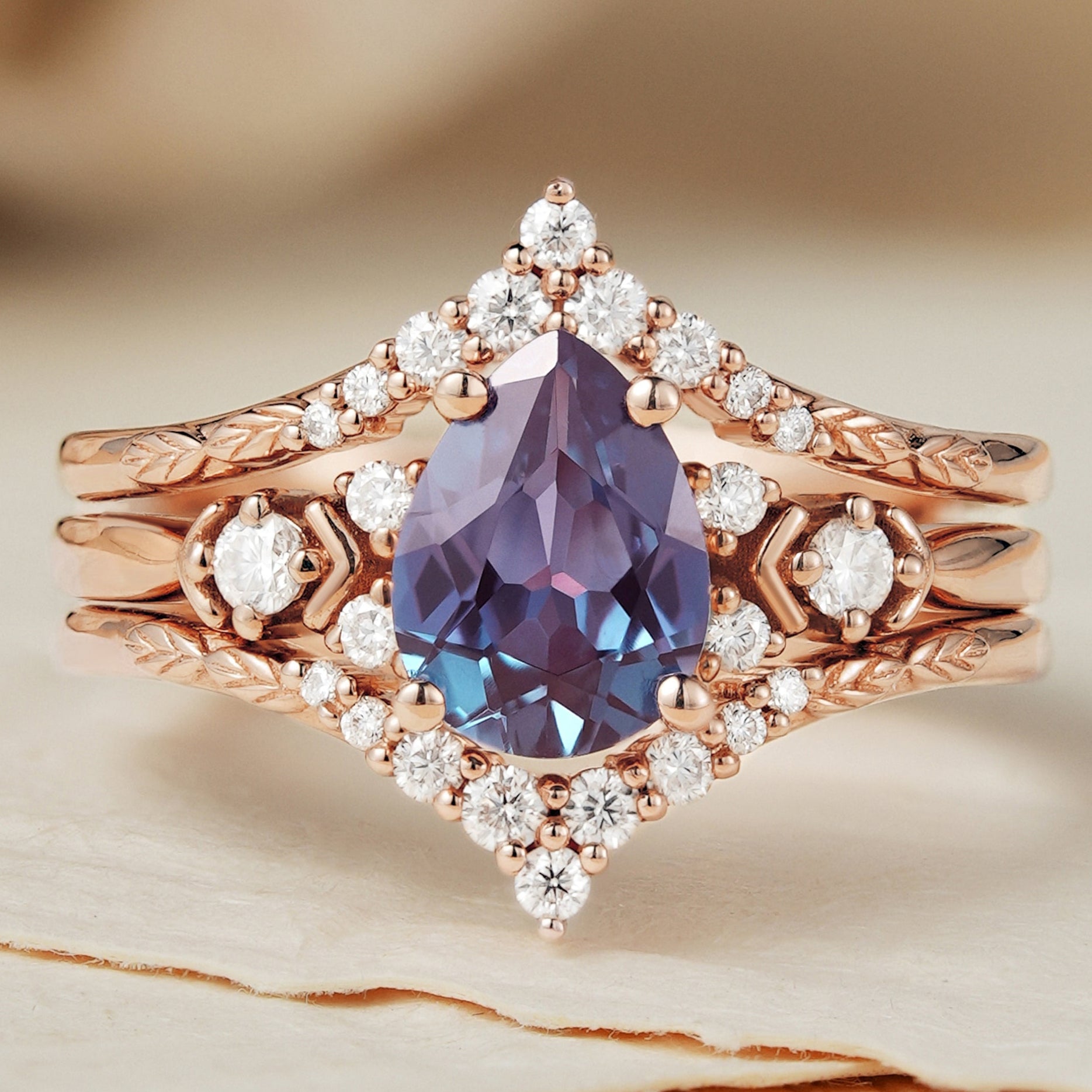 Unique Pear Cut Alexandrite Cluster Enhancer Engagement Ring Set 2pcs