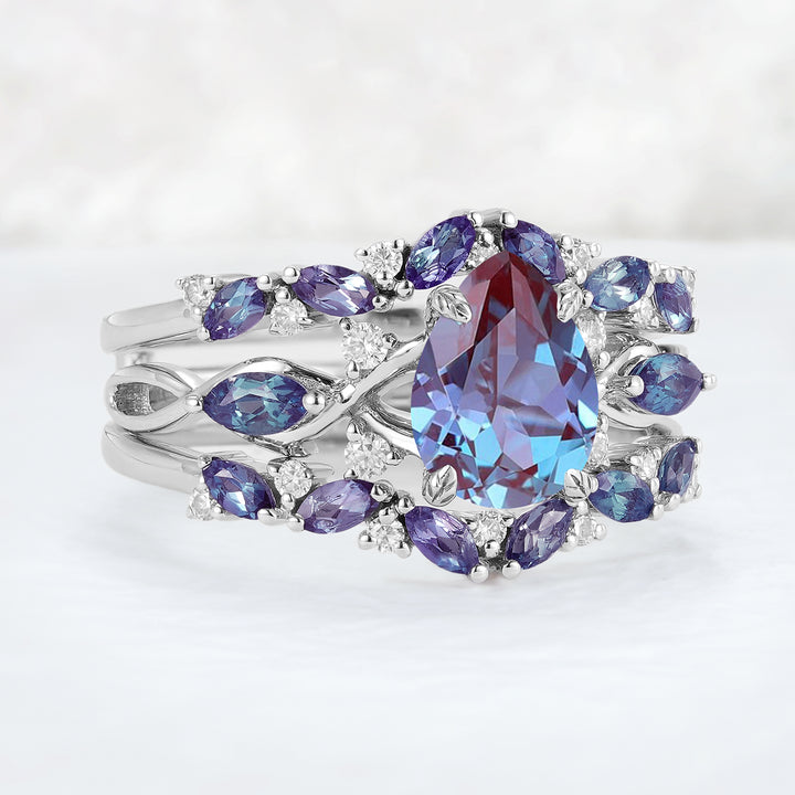 Unique Pear Cut Alexandrite Cluster Enhancer Engagement Ring Set 2pcs