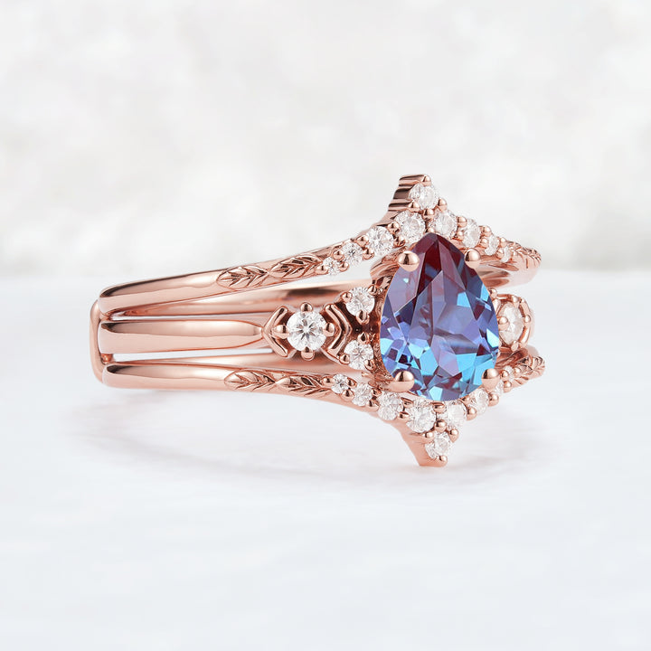 Unique Pear Cut Alexandrite Cluster Enhancer Engagement Ring Set 2pcs