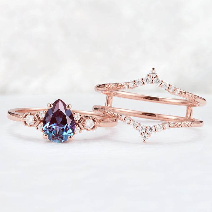 Unique Pear Cut Alexandrite Cluster Enhancer Engagement Ring Set 2pcs-3