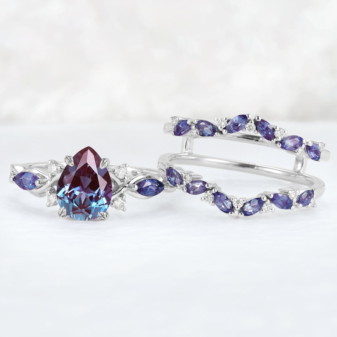 Unique Pear Cut Alexandrite Cluster Enhancer Engagement Ring Set 2pcs