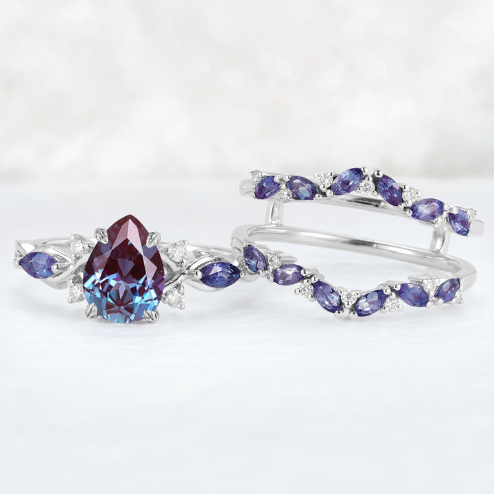 Unique Pear Cut Alexandrite Cluster Enhancer Engagement Ring Set 2pcs
