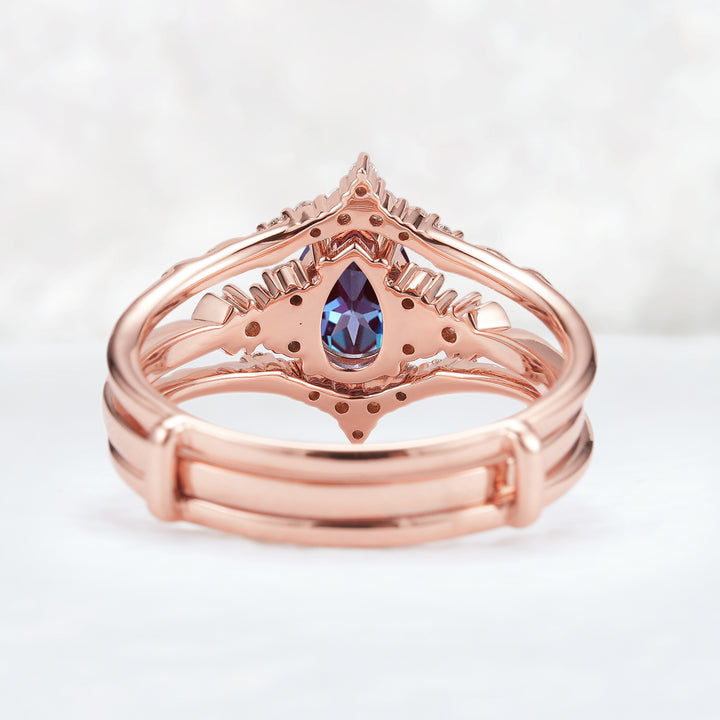 Unique Pear Cut Alexandrite Cluster Enhancer Engagement Ring Set 2pcs