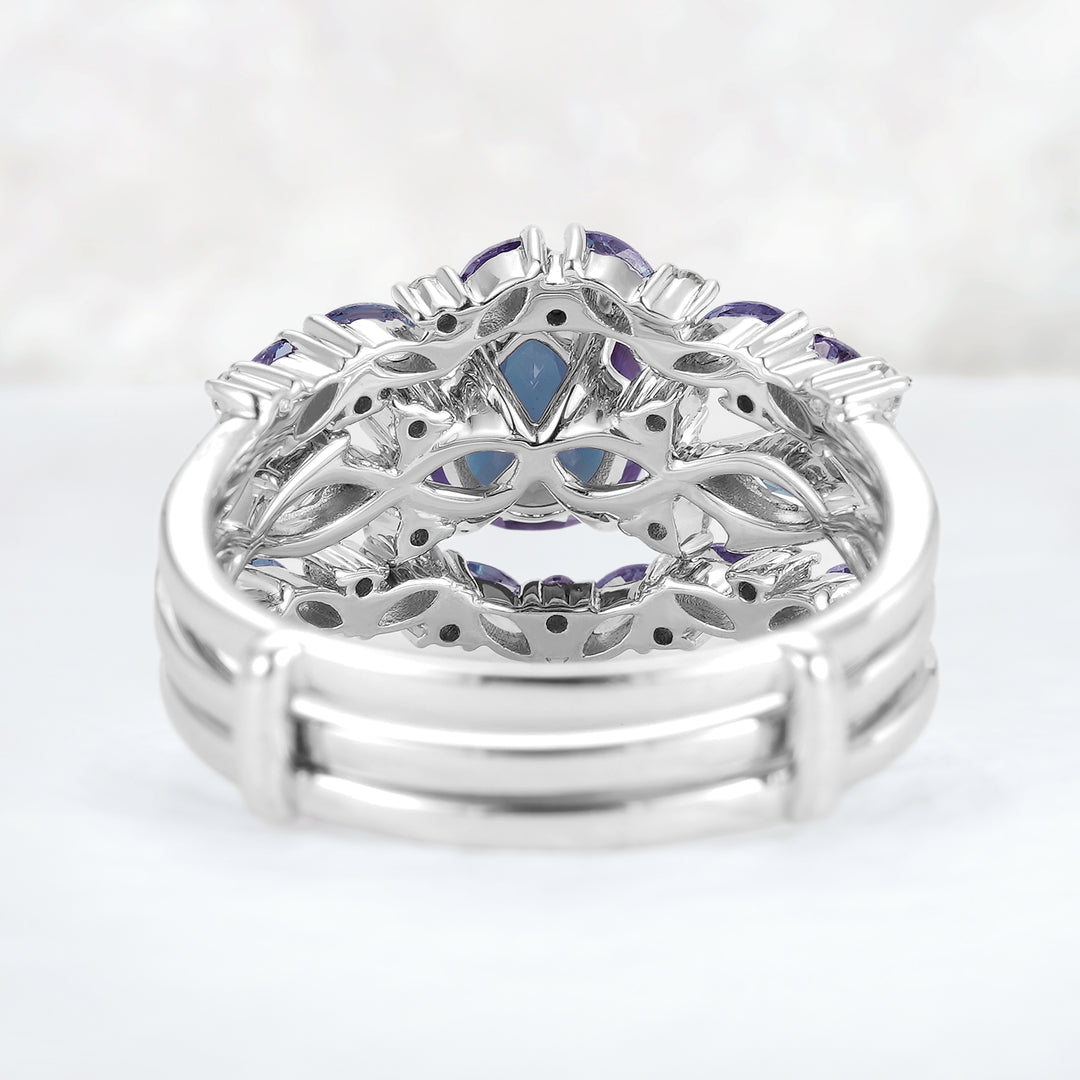 Unique Pear Cut Alexandrite Cluster Enhancer Engagement Ring Set 2pcs