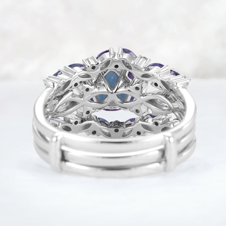 Unique Pear Cut Alexandrite Cluster Enhancer Engagement Ring Set 2pcs
