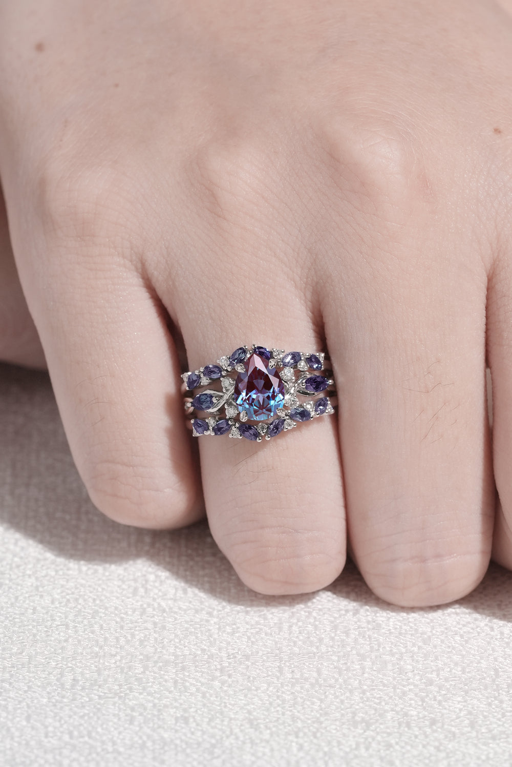 Unique Pear Cut Alexandrite Cluster Enhancer Engagement Ring Set 2pcs