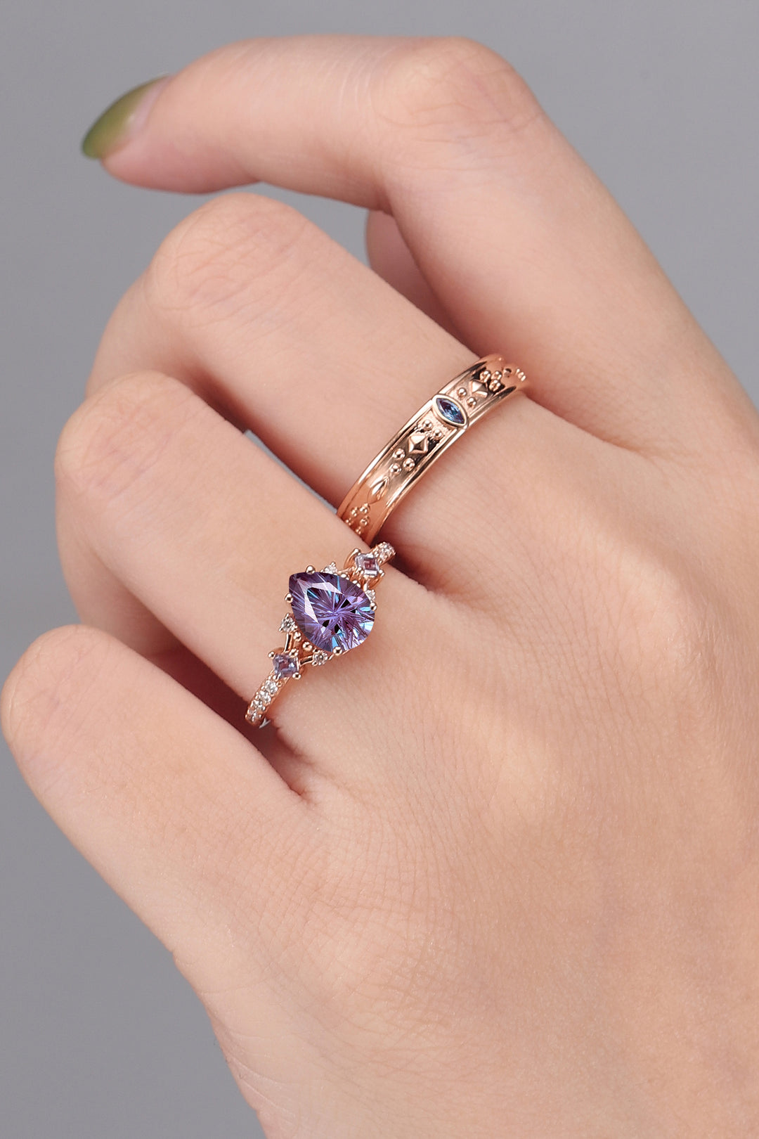 Unique Pear Cut Alexandrite Couple Ring - Eternal Bond