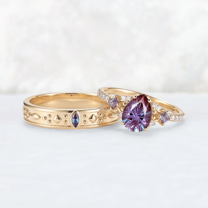 Unique Fireworks Cut Alexandrite Couple Ring - Eternal Bond