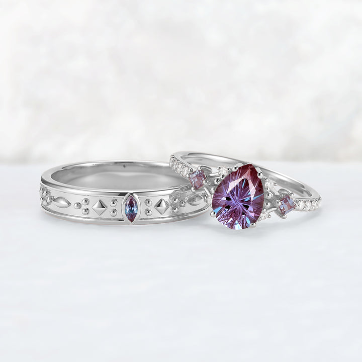 Unique Fireworks Cut Alexandrite Couple Ring - Eternal Bond