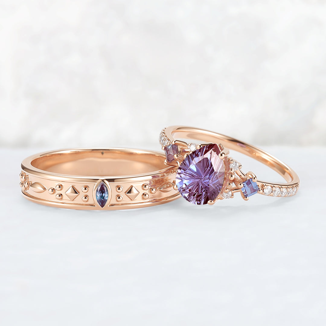 Unique Fireworks Cut Alexandrite Couple Ring - Eternal Bond