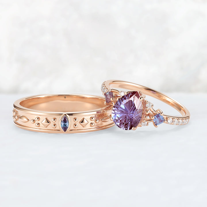 Unique Fireworks Cut Alexandrite Couple Ring - Eternal Bond