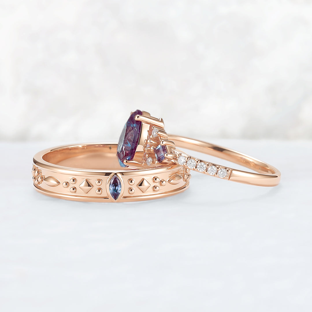 Unique Fireworks Cut Alexandrite Couple Ring - Eternal Bond