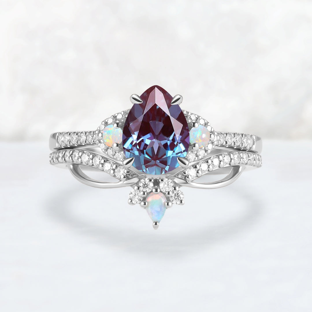Unique Pear Cut Alexandrite Vine Gemstone Ring Set 2pcs