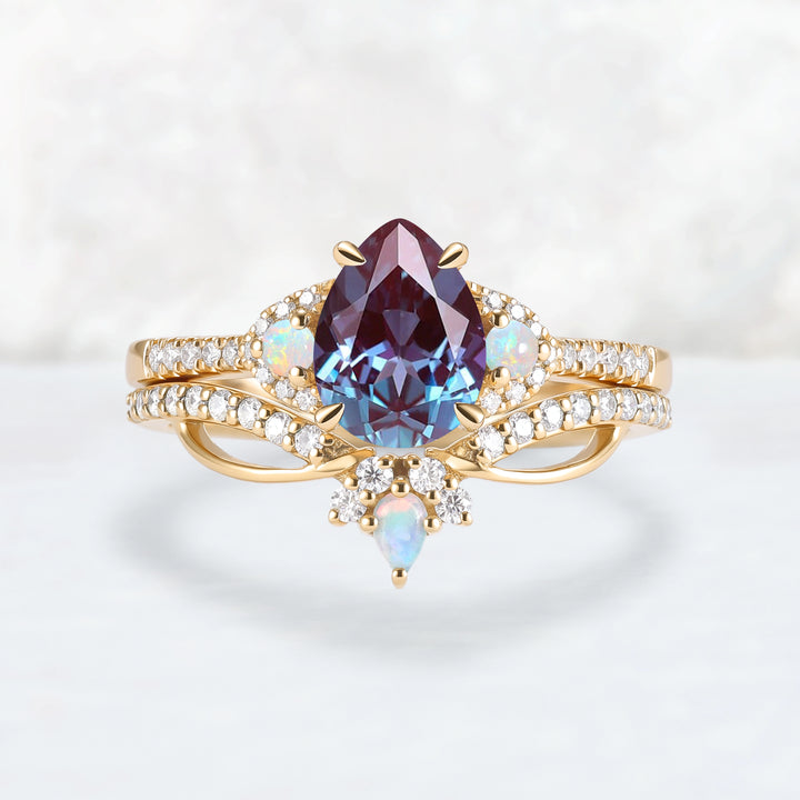 Unique Pear Cut Alexandrite Vine Gemstone Ring Set 2pcs