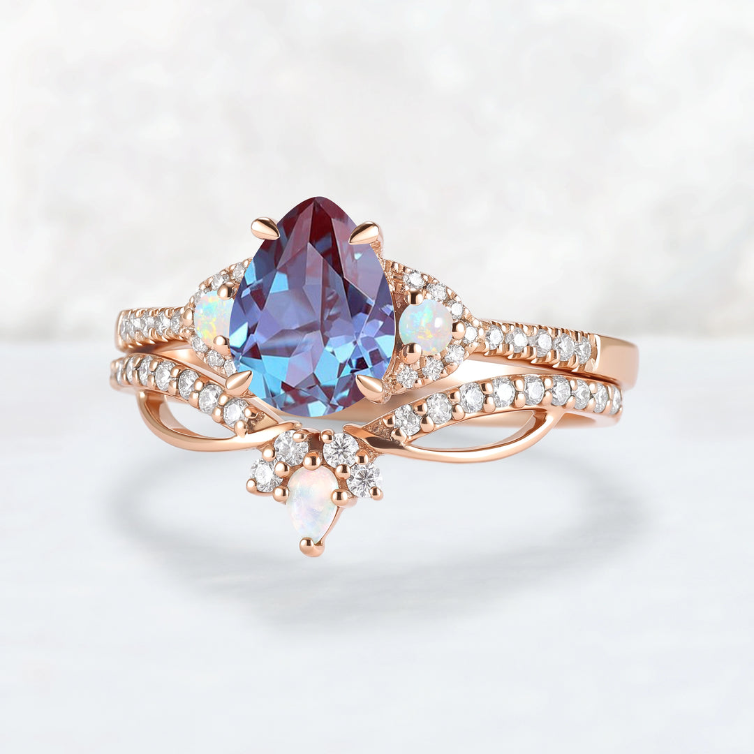 Unique Pear Cut Alexandrite Vine Gemstone Ring Set 2pcs