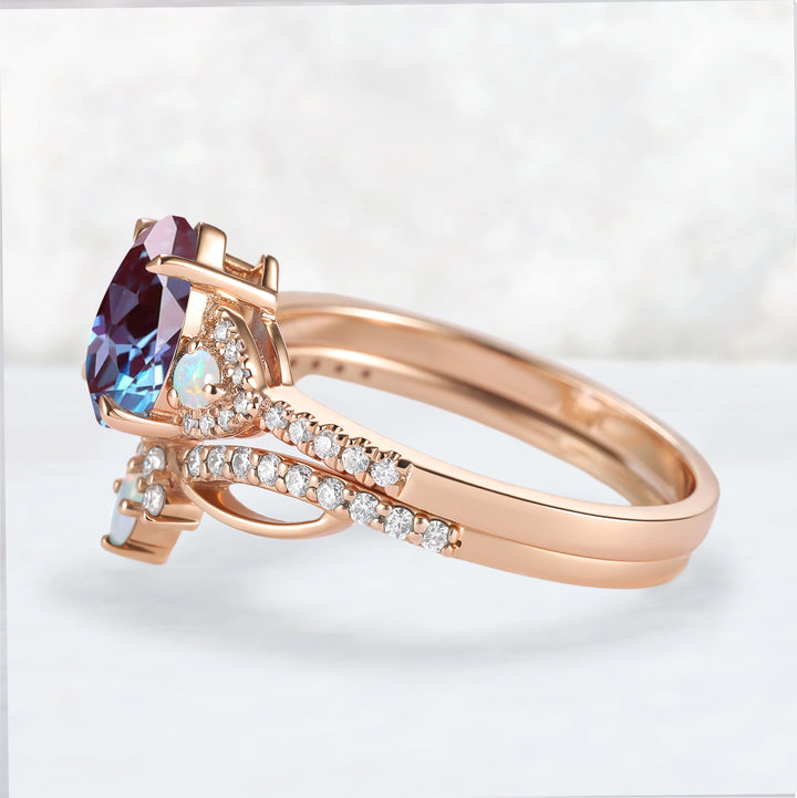 Unique Pear Cut Alexandrite Vine Gemstone Ring Set 2pcs