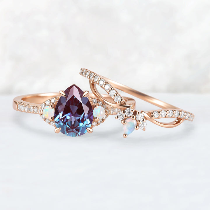 Unique Pear Cut Alexandrite Vine Gemstone Ring Set 2pcs