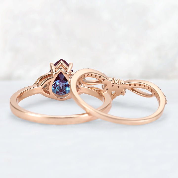 Unique Pear Cut Alexandrite Vine Gemstone Ring Set 2pcs