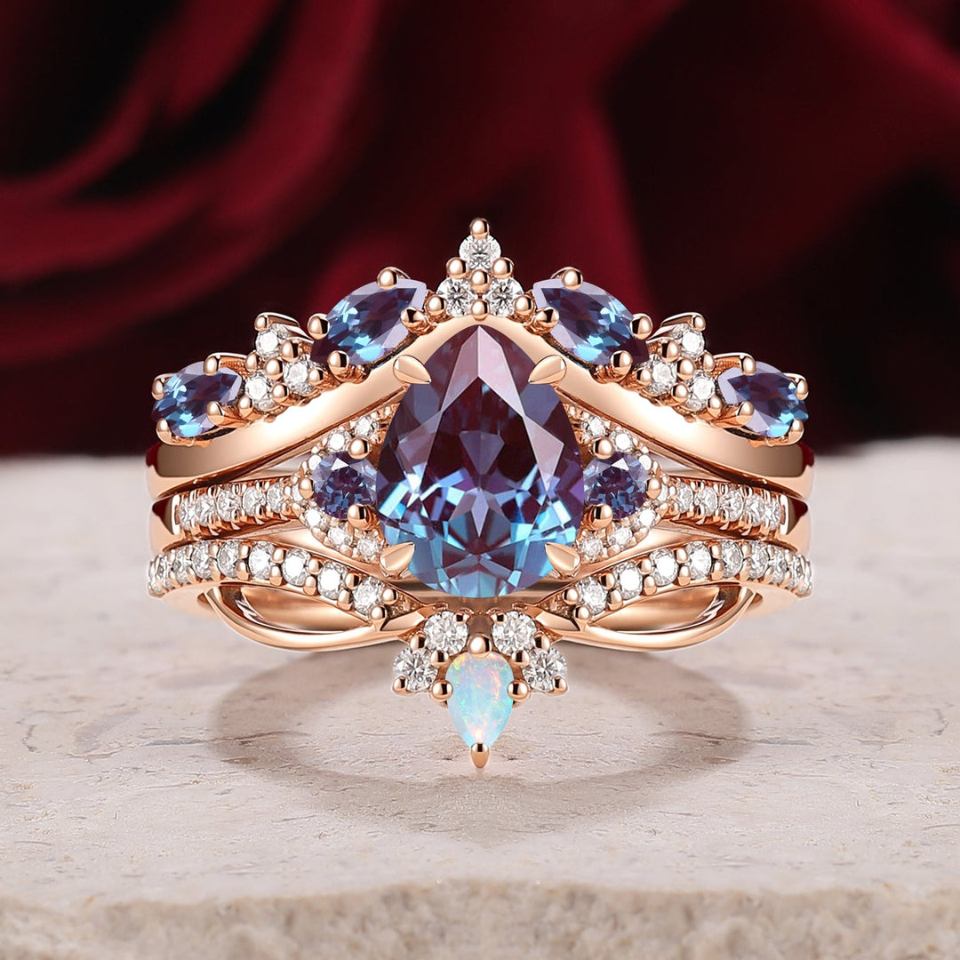 Unique Pear Cut Alexandrite Vine Gemstone Ring Set 3pcs