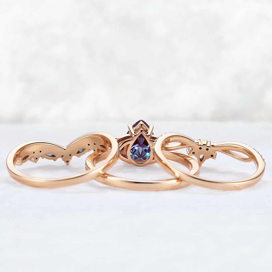 Unique Pear Cut Alexandrite Vine Gemstone Ring Set 3pcs