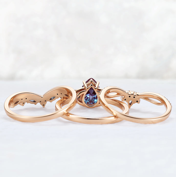 Unique Pear Cut Alexandrite Vine Gemstone Ring Set 3pcs