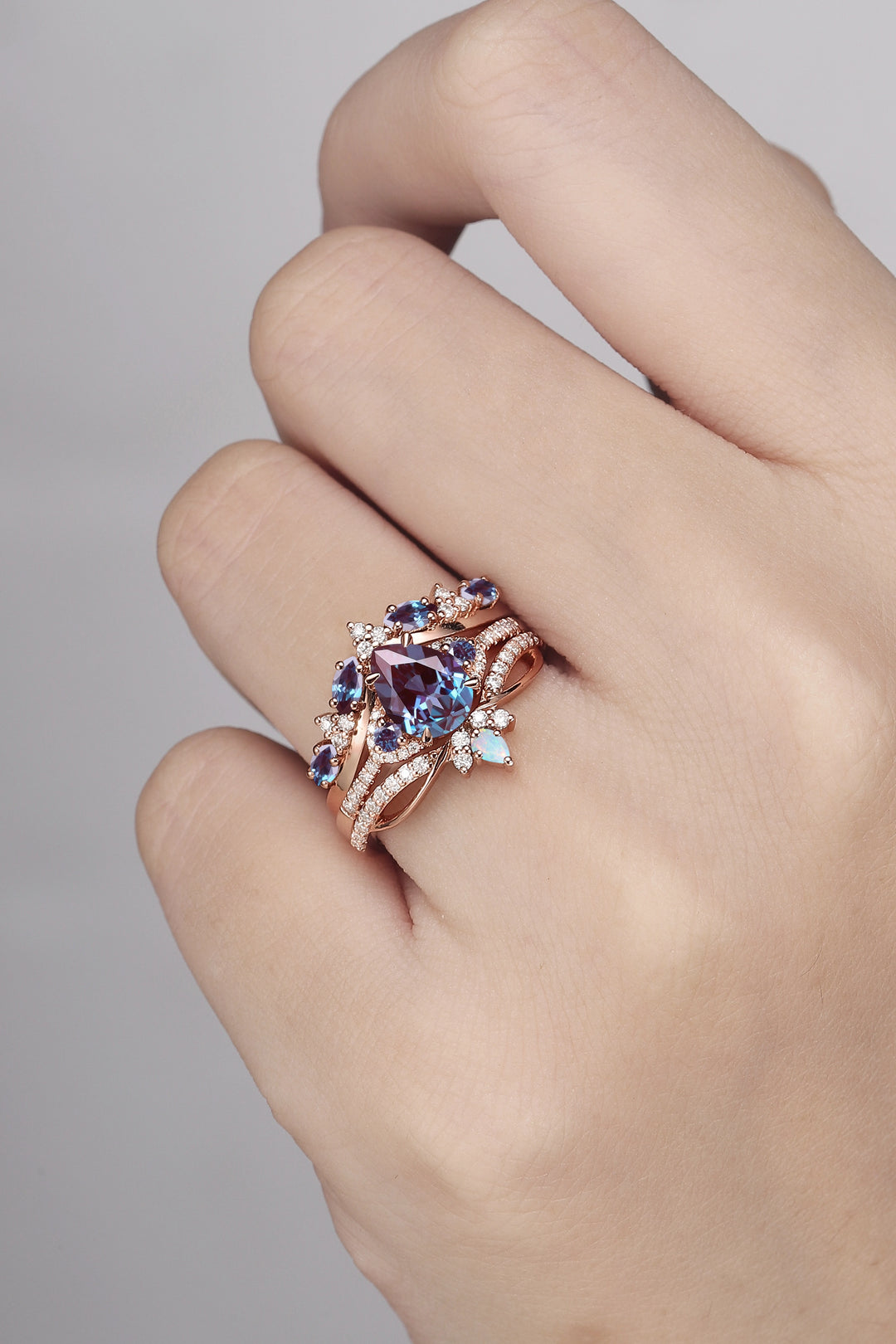 Unique Pear Cut Alexandrite Vine Gemstone Ring Set 3pcs