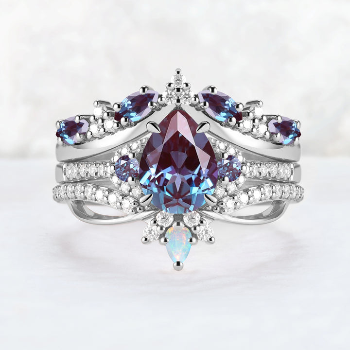 Unique Pear Cut Alexandrite Vine Gemstone Ring Set 3pcs