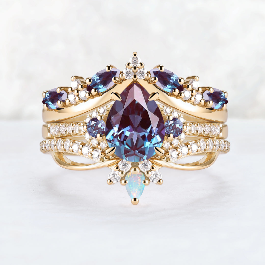 Unique Pear Cut Alexandrite Vine Gemstone Ring Set 3pcs